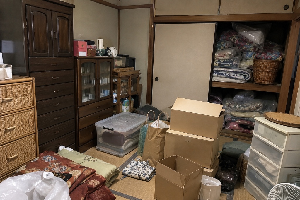 一軒まるごとの家財整理、古い家具・段ボール・押し入れに積まれた寝具などが残る和室のイメージ